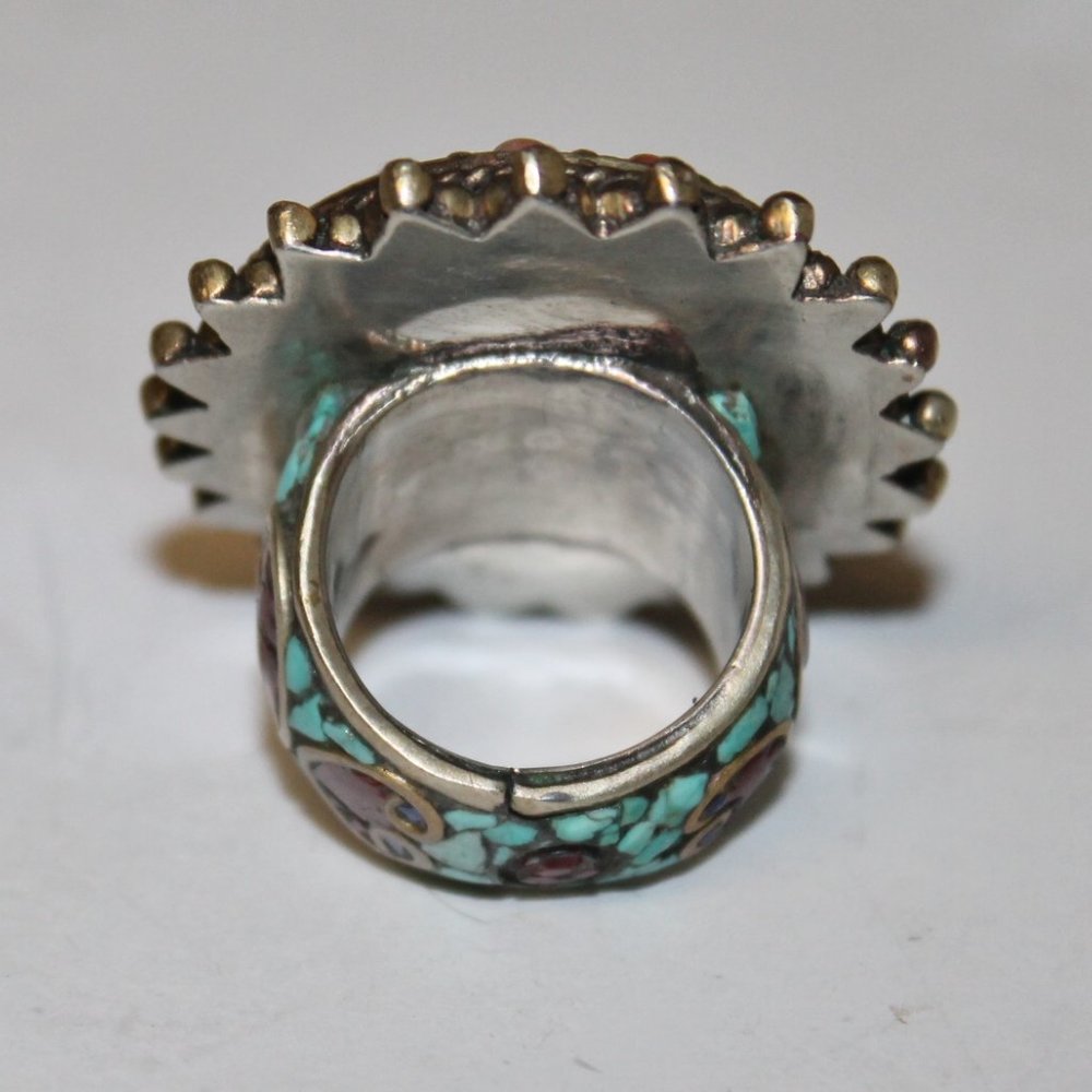 Heavy 925 Zuni Navajo Spiny Oyster Coral Turquoise Cinnabar Native American Ring - Picture 5 of 12